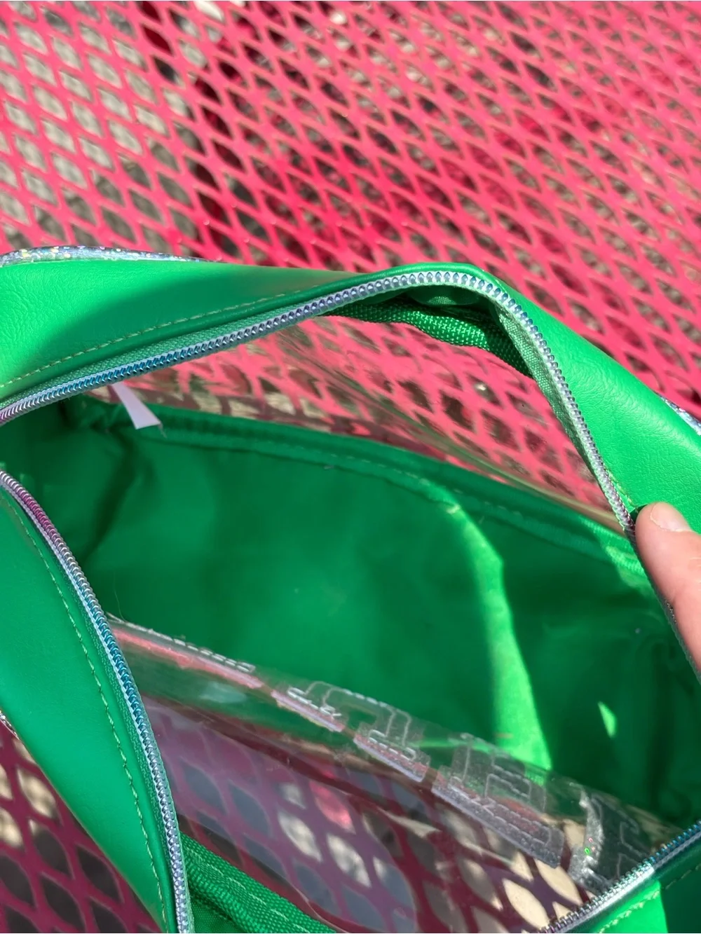 Green Clear Cosmetic Bag with 'STUFF' Glitter Monogram Lettering